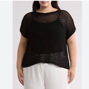 Max Studio Black Boatneck Open Knit Cap Sleeve Sweater Size 3X